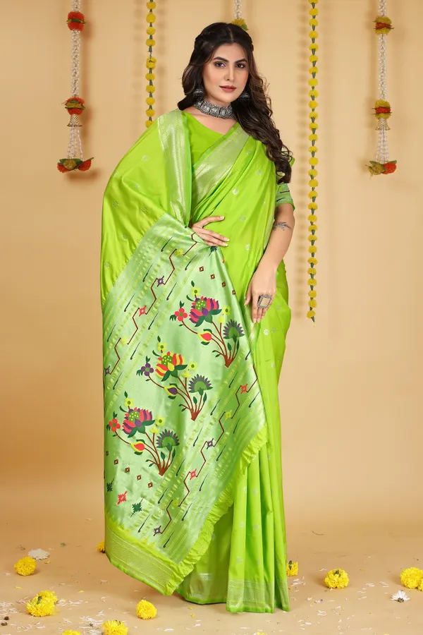 Parrot_Green_Paithani_Silk_Saree_Crafted_with_Perfection_With_Blouse_Piece_Attached